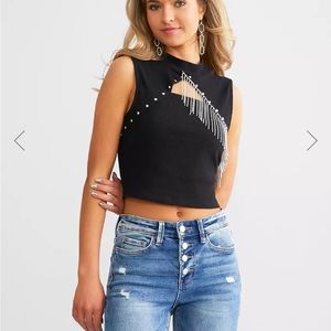Rhinestone Fringe Keyhole Cropped Tank Top